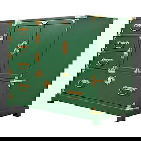 Century Furniture Hollywood Regency Chinoiserie Green Lacquered Commode or Chest of Drawers: A gorgeous mid-century modern Hollywood Regency Chinoiserie Campaign commode or chest of drawers By Century Furniture USA, Circa 1970s Green lacquered walnut, with original Asian-inspired brass hardwa