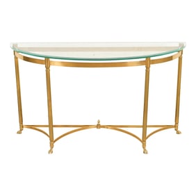 Labarge Hollywood Regency Brass and Glass Demilune Console Table With Hooved Feet, Circa 1960s