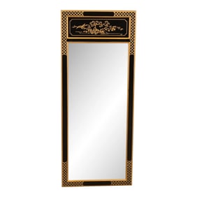 Drexel Heritage Hollywood Regency Chinoiserie Hand-Painted Black Lacquered Tall Wall Mirror