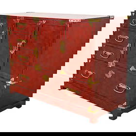 Century Furniture Hollywood Regency Chinoiserie Red Lacquered Commode or Chest of Drawers: A gorgeous mid-century modern Hollywood Regency Chinoiserie commode or chest of drawers By Century Furniture USA, Circa 1970s Red lacquered wood, with original Asian-inspired brass hardware. Measures: