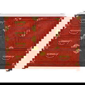 Century Furniture Hollywood Regency Chinoiserie Red Lacquered Commode or Chest of Drawers: A gorgeous mid-century modern Hollywood Regency Chinoiserie commode or chest of drawers By Century Furniture USA, Circa 1970s Red lacquered wood, with original Asian-inspired brass hardware. Measures: