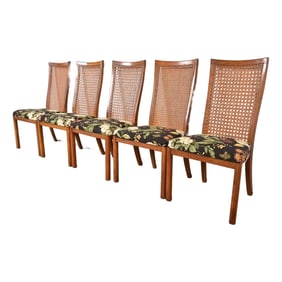 Drexel Heritage Mid-Century Modern Walnut and Cane High Back Dining Chairs, Set of Five