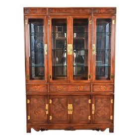 Drexel Heritage Hollywood Regency Chinoiserie Burled Mahogany Lighted Bookcase or Display Cabinet