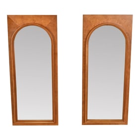 Thomasville Mid-Century Modern Burled Walnut Framed Arched Wall Mirrors, Pair