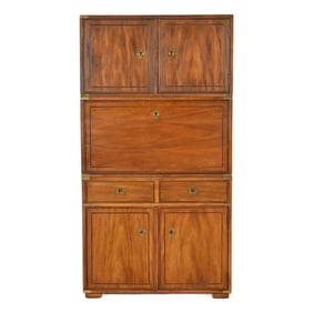 Thomasville Mid-Century Modern Hollywood Regency Campaign Walnut and Brass Secretary Desk Cabinet
