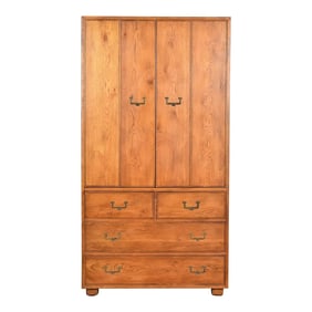 Henredon Mid-Century Modern Campaign Oak Armoire Dresser, Circa 1970s