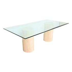 Matteo Grassi Modern Italian Travertine Double Pedestal Glass Top Dining Table, Circa 1970s