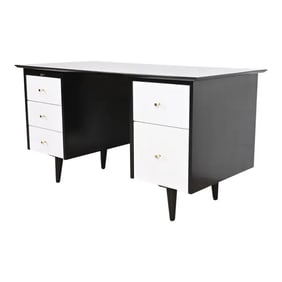 Paul McCobb Planner Group Black and White Lacquered Double Pedestal Desk, Newly Refinished