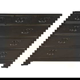 Michael Taylor for Baker Far East Collection Black Lacquered Dresser Chest, Newly Refinished: A stunning mid-century modern Hollywood Regency Chinoiserie six-drawer dresser, chest of drawers, or sideboard server By Michael Taylor for Baker Furniture, "Far East" Collection USA, 1960s Black lacq