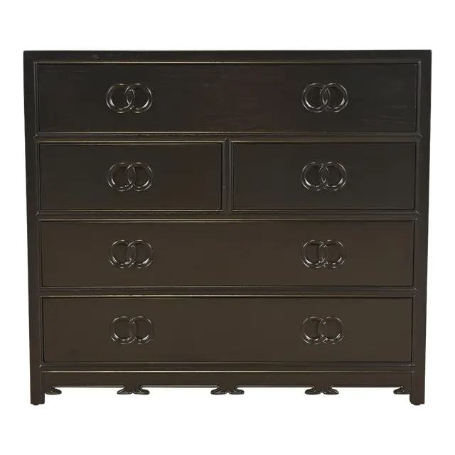 Michael Taylor for Baker Far East Collection Black Lacquered Dresser Chest, Newly Refinished: A stunning mid-century modern Hollywood Regency Chinoiserie five-drawer dresser or chest of drawers By Michael Taylor for Baker Furniture, "Far East" Collection USA, 1960s Black lacquered walnut, with