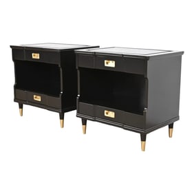 John Widdicomb Mid-Century Modern Hollywood Regency Black Lacquered Nightstands, Newly Refinished
