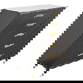 John Widdicomb Hollywood Regency Campaign Black Lacquered Highboy Dresser, Newly Refinished: An exceptional mid-century modern Hollywood Regency Campaign five-drawer highboy dresser By John Widdicomb USA, 1950s Black lacquered solid cherry wood, with original brass hardware and brass-capped f