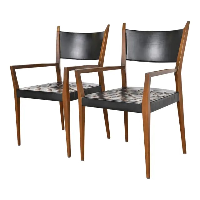 Paul McCobb for Directional Irwin Collection Mahogany and Woven Leather Armchairs, Pair (1 of 12)