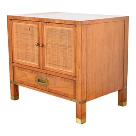 Baker Furniture Mid-Century Campaign Walnut, Cane, and Brass Nightstand, 1960s