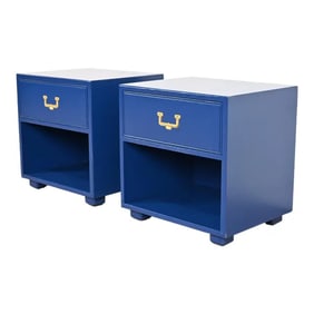 Henredon Mid-Century Hollywood Regency Campaign Blue Lacquered Nightstands, Newly Refinished