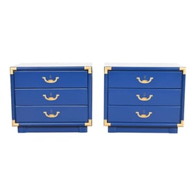 Drexel Mid-Century Hollywood Regency Campaign Blue Lacquered Nightstands, Newly Refinished