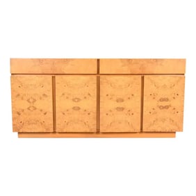 Milo Baughman Style Burl Wood Sideboard, Credenza, or Bar Cabinet, Newly Refinished