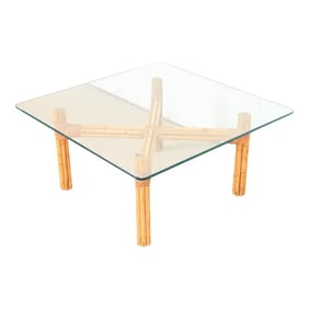 McGuire Organic Modern Bamboo Rattan Glass Top Coffee Table, Circa 1970s