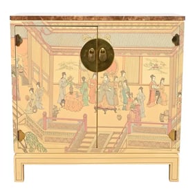 Drexel Heritage Hollywood Regency Chinoiserie Hand-Painted Cream Lacquered Bar Cabinet