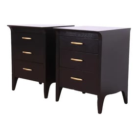 John Van Koert for Drexel Profile Mid-Century Modern Black Lacquered Nightstands, Newly Refinished