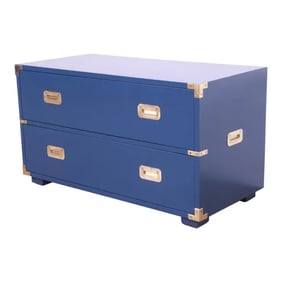 Henredon Mid-Century Hollywood Regency Campaign Style Blue Lacquered Chest of Drawers
