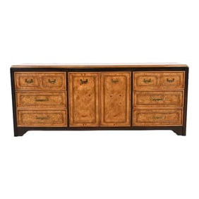 Hollywood Regency Chinoiserie Burl Wood and Ebonized Wood Dresser or Credenza, Circa 1970s