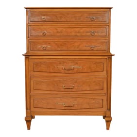 Romweber Mid-Century Hollywood Regency Walnut and Burl Wood Highboy Dresser, Circa 1960s