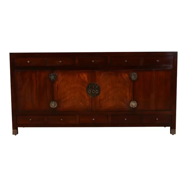 Late 20th Century Michael Taylor for Baker Furniture Hollywood Regency Mahogany Sideboard: A gorgeous Hollywood Regency Chinoiserie mahogany sideboard, credenza, or bar cabinet By Michael Taylor for Baker Furniture USA, Circa Late 20th Century Measures: 72.25"W x 18"D x 36.75"H. Very good o