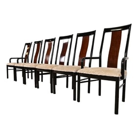 Drexel Heritage Mid-Century Modern Hollywood Regency Black Lacquer and Walnut Dining Chairs
