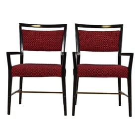 Paul McCobb Connoisseur Collection Black Lacquered Mahogany and Brass Armchairs, Pair