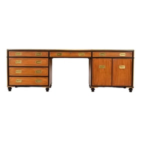 Baker Furniture Mid-Century Hollywood Regency Campaign Satinwood Desk or Executive Credenza
