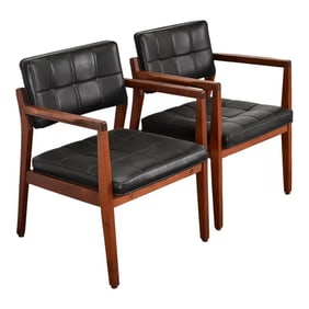 Jens Risom Style Mid-Century Modern Sculpted Walnut Lounge Chairs, Pair