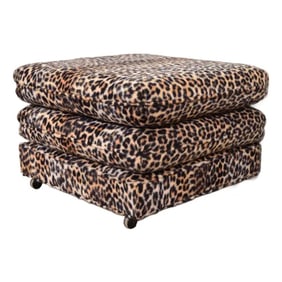 Milo Baughman Style Mid-Century Modern Leopard Print Upholstered Ottoman, Circa 1970s