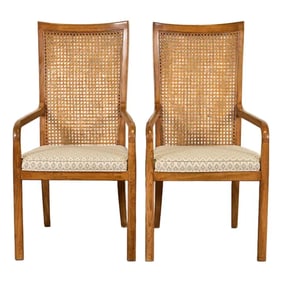 Drexel Heritage Mid-Century Modern Walnut and Cane High Back Armchairs, Pair