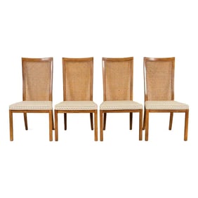 Drexel Heritage Mid-Century Modern Walnut and Cane High Back Dining Chairs, Set of Four