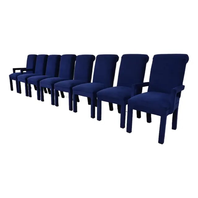 Paul Evans for Directional Modern Parsons Upholstered Dining Chairs, Set of Eight: A gorgeous set of eight Modern or Postmodern Parsons blue upholstered dining chairs By Paul Evans for Directional USA, Circa 1970s Measures: Side chairs - 19.5"W x 27"D x 40"H. Seat height: 20". Armch