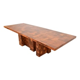 Paul Evans for Directional Cityscape Patchwork Burl Wood Pedestal Extension Dining Table, 1970s