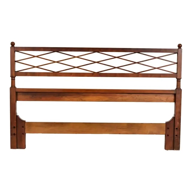 Baker Furniture Mid-Century French Regency Carved Cherry Wood Queen Size Headboard, Circa 1960s: A gorgeous mid-century French Regency carved cherry wood queen size headboard By Baker Furniture USA, Circa 1960s Measures: 60"W x 2"D x 38"H. Very good original vintage condition. Works for a queen o