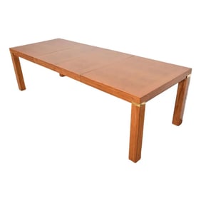 Drexel Heritage Mid-Century Modern Campaign Pecan Wood Extension Dining Table, Newly Refinished