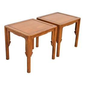 Michael Taylor for Baker Furniture Mid-Century Hollywood Regency Chinoiserie Carved Elm Side Tables