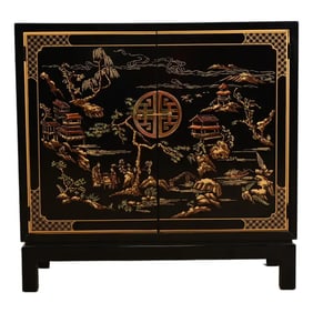Drexel Heritage Hollywood Regency Chinoiserie Hand-Painted Black Lacquered Bar Cabinet