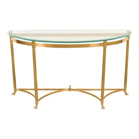 Labarge Hollywood Regency Brass and Glass Demilune Console Table With Hooved Feet, Circa 1960s