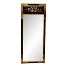 Drexel Heritage Hollywood Regency Chinoiserie Hand-Painted Black Lacquered Tall Wall Mirror