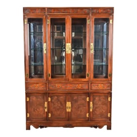 Drexel Heritage Hollywood Regency Chinoiserie Burled Mahogany Lighted Bookcase or Display Cabinet