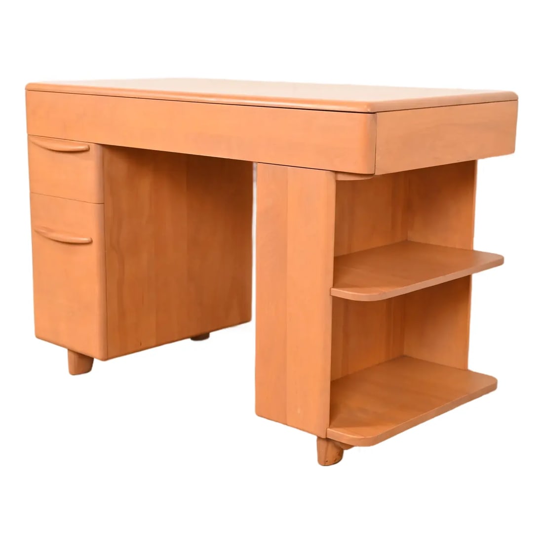 Heywood Wakefield Mid-Century Modern Solid Maple Desk With Built-in Bookcase, 1950s: A sleek and stylish Mid-Century Modern writing desk with built-in bookcase By Heywood Wakefield USA, 1950s Sculpted solid maple, in original "Champagne" finish. Measures: 44"W x 22"D x 30"H. Very good