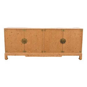 Baker Furniture Style Hollywood Regency Chinoiserie Faux Burl Wood Lacquered Sideboard Credenza