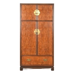 Drexel Heritage Hollywood Regency Chinoiserie Burl Wood Armoire Dresser or Bar Cabinet, Circa 1970s