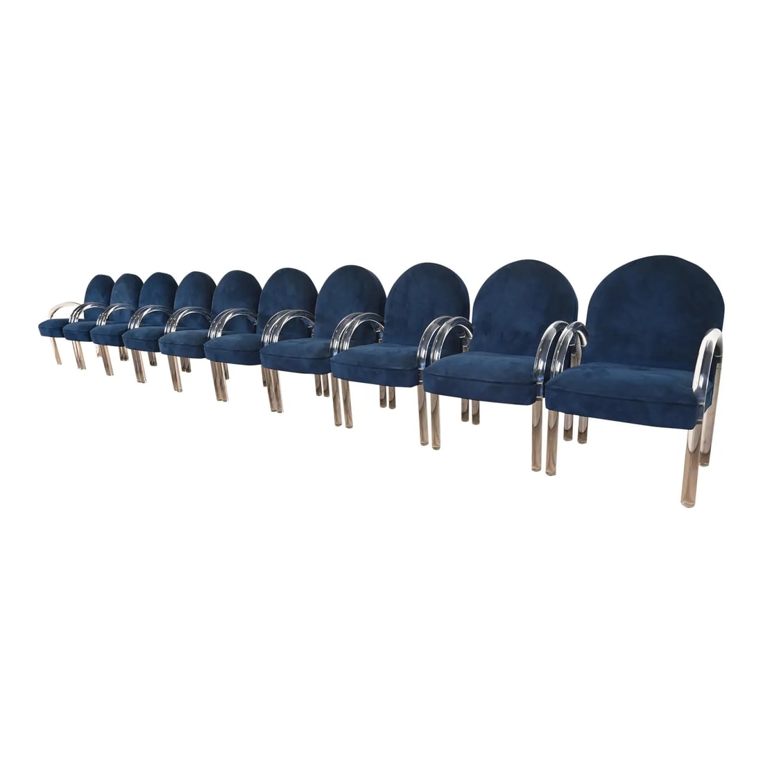 Leon Rosen for Pace Collection Modern Art Deco Lucite Waterfall Armchairs, Set of Ten: An outstanding set of ten Modern Art Deco or Mid-Century Modern lucite waterfall armchairs, club chairs, or lounge chairs By Leon Rosen for The Pace Collection USA, 1970s Sculptural lucite frames, wit