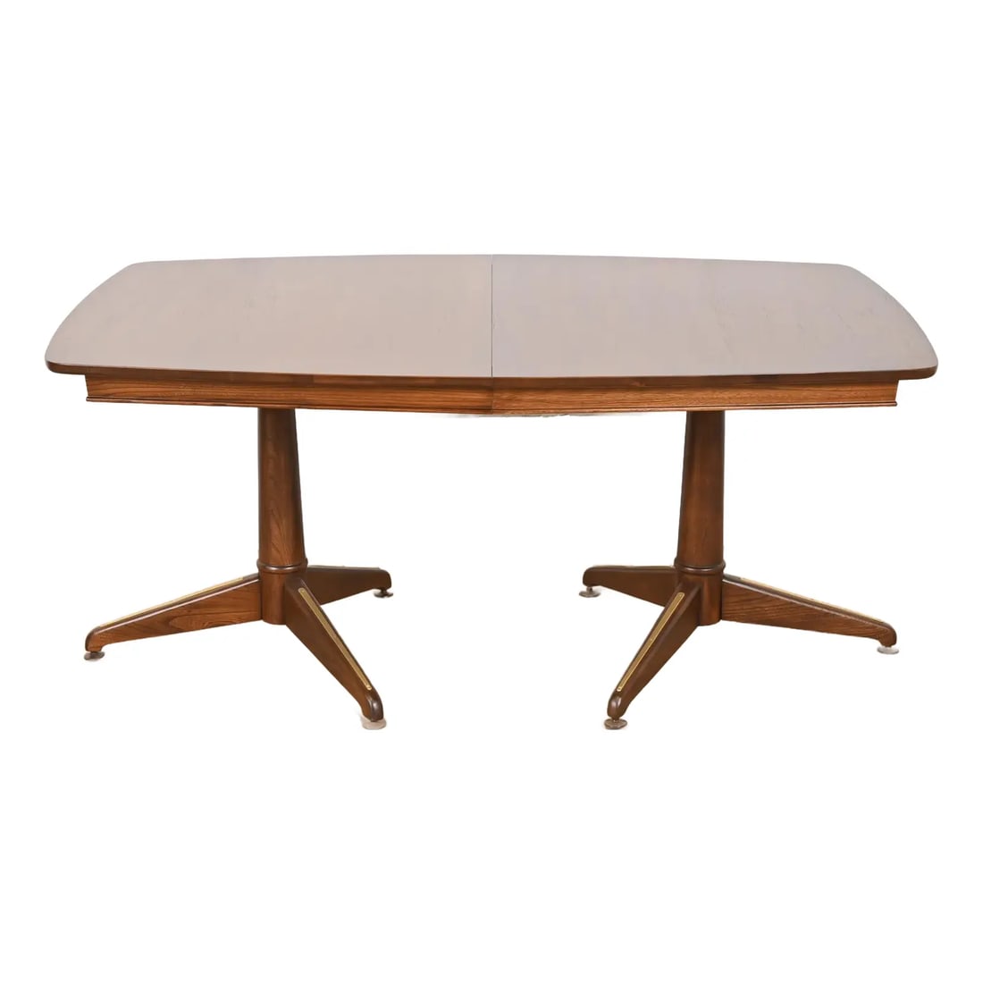 Kent Coffey Perspecta Mid-Century Modern Sculpted Walnut Double Pedestal Extension Dining Table: An exceptional Mid-Century Modern boat-shaped double pedestal extension dining table By Kent Coffey, "Perspecta" Collection USA, 1960s Gorgeous book-matched walnut, with sculpted solid walnut pedestal