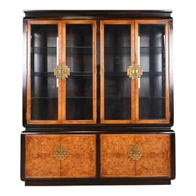 Raymond Sobota for Century Furniture Hollywood Regency Chinoiserie Burl Wood Lighted Breakfront